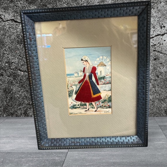 Other - Framed Embroidered Postcard Greece Vintage